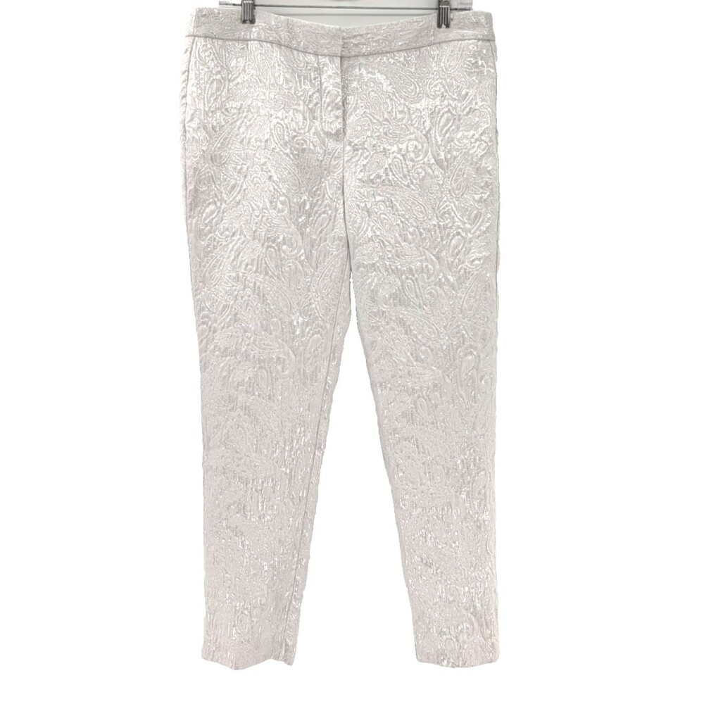 Liz Claiborne Emma Ivory Silver Metallic Paisley Straight Leg Pants Sz 10 34x26